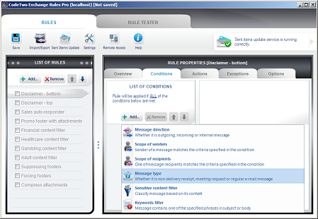 Choosing Message type option on the Conditions' tab