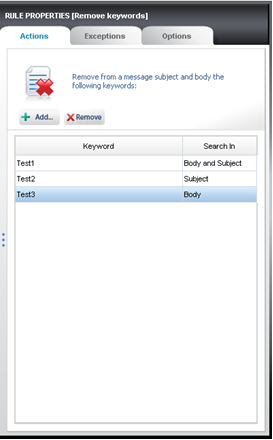 Keywords defined in the properties pane..