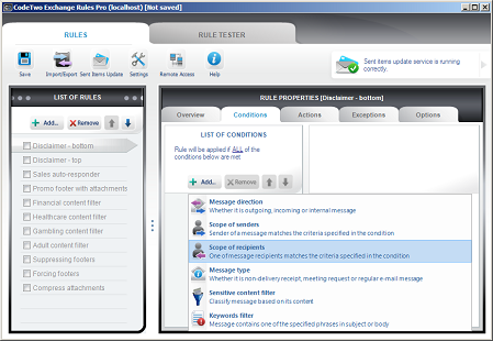 Choosing Scope of recipients on the Conditions tab.