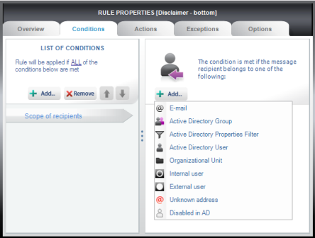  List of available options to define Scope of recipients..
