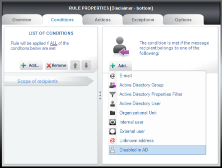 Choosing the condition for the disabled user in Active Directory..