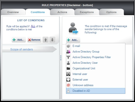 Choosing the condition for the disabled user in Active Directory..