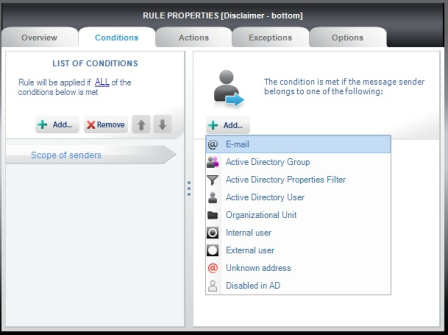 Choosing e-mail address for the scope of senders.