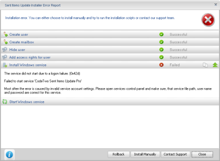 Dialog box in which the installer reports errors during installation of the service