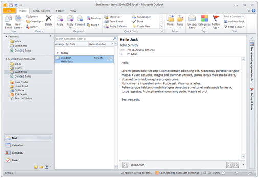 Sent message view when the Sent Items Update service is not configured