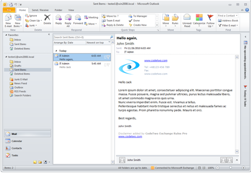Sent message view when the Sent Items Update service is configured and running