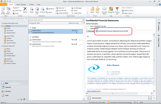 Message with no rule applied and a classified info in the attachment.