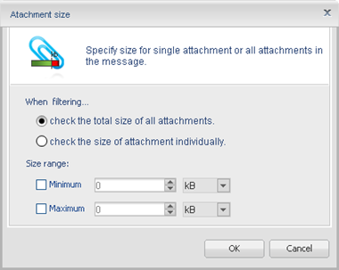 Specify the size criteria for the attachment filter.
