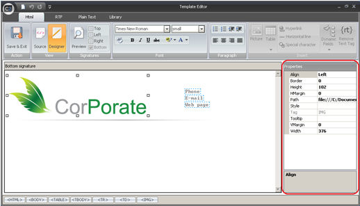 Properties pane in the Template Editor.