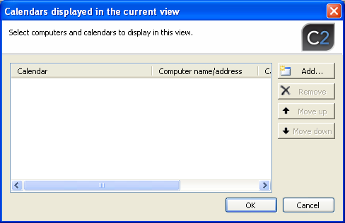 Dialog box where calendars are added and removed from view.