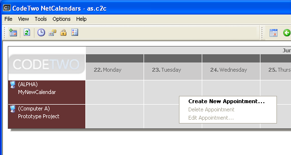 Creating a new item in the calendar.