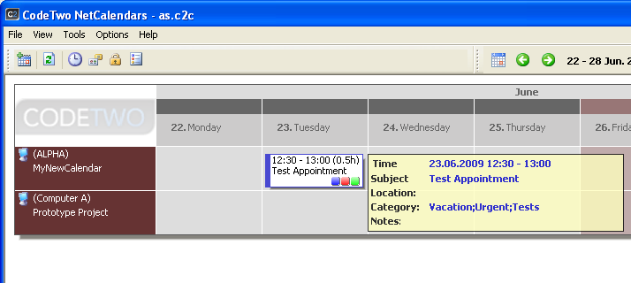 By hovering the mouse pointer over a tooltip will display showing the basic data on the appointment.