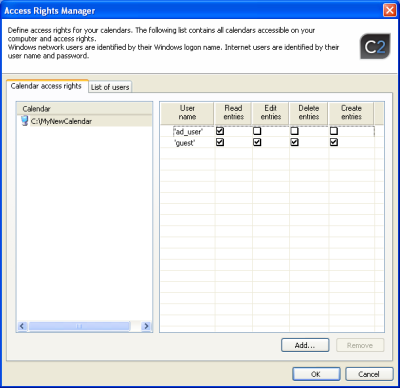 Access rights management console enables fine selection of access permissions for individual users separately for each of the calendars.
