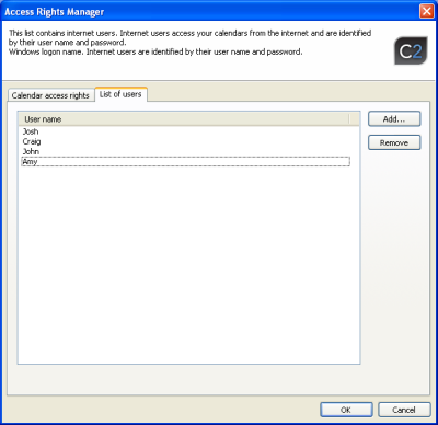 In Access Rights Manager you can add users who will have access to the calendar.