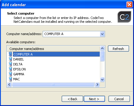Selection of a remote machine hosting the calendar