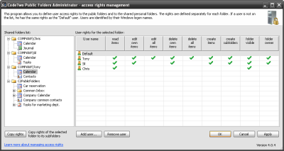Administration application for public folders and shared personal folders access rights management