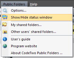 The synchronization status window can be displayed or hidden in any moment by choosing corresponding command from the C2PublicFolders menu