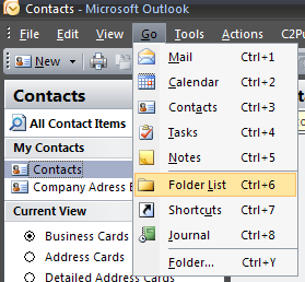 Outlook - To display full folders list, in the menu Go select the command Folder List