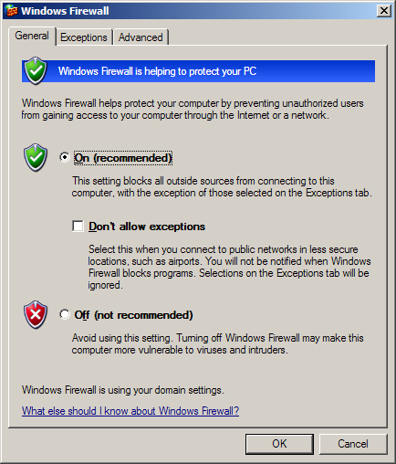 Configuring the firewall of the system Windows XP. Make sure the option Don't allow exceptions is not on