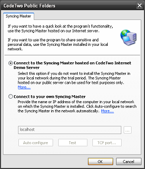The selection of the Syncing Master of CodeTwo Public Folders that will be used to share data between Microsoft Outlook Add-ins.