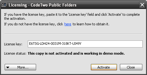 The license key entered into the activation dialog box of CodeTwo Public Folders.