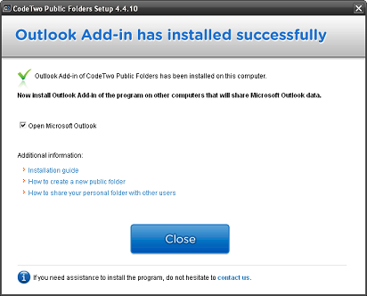 Installation of the Outlook Add-in of CodeTwo Public Folders has completed.