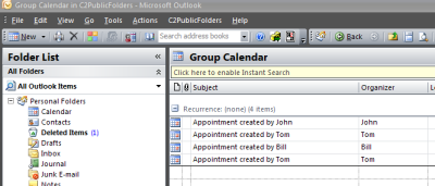 The table view of a calendar displaying information on persons who have created appointments