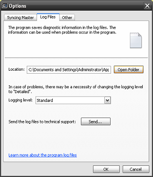 Outlook Add-in settings - the Log files tab