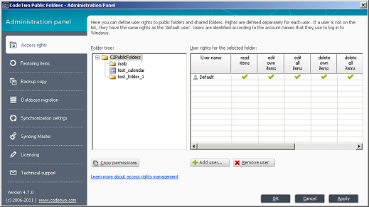 Administration tab for public folders and shared personal folders access rights management.