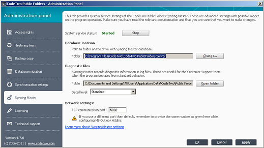 The system service status in the Administration panel