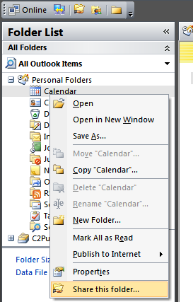 Outlook - Sharing a personal folder in the context menu. Outlook - Sharing a personal folder in the context menu.